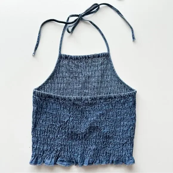 American Eagle Smocked Blue Denim Halter Top - Picture 5 of 10
